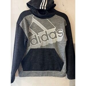 Adidas Boys Hoodie Gray Black Logo Pullover Long Sleeve Activewear Size 14 16